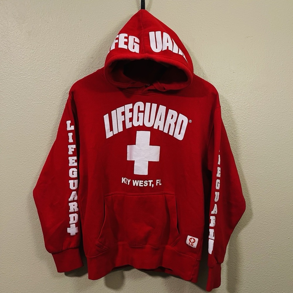 Lifeguard Key West Florida Red Hoodie Sleeve & Hood Graphic Beach Cozy Size S‎